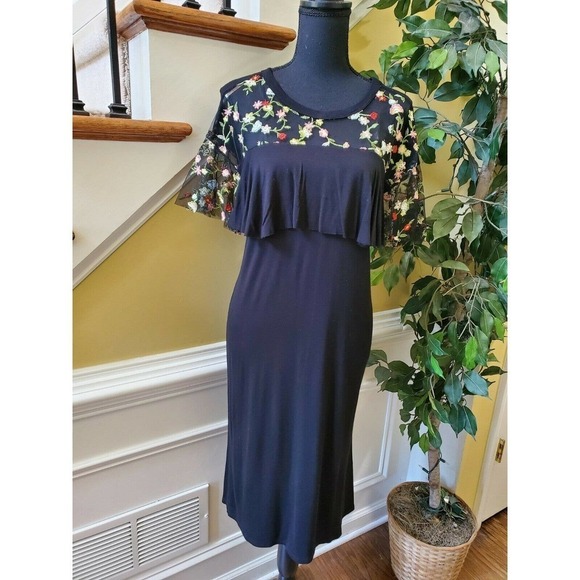Sweet Claire Ruffle Black Mesh Floral Dress Small - Picture 1 of 9